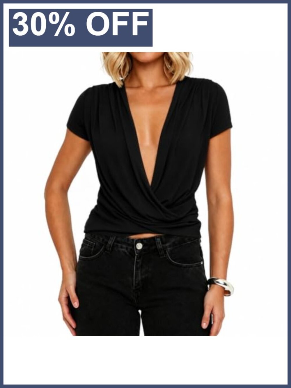 Slim Fit Draped Front Ruched V-Neck Short Sleeve Tee Summer Going Out Top